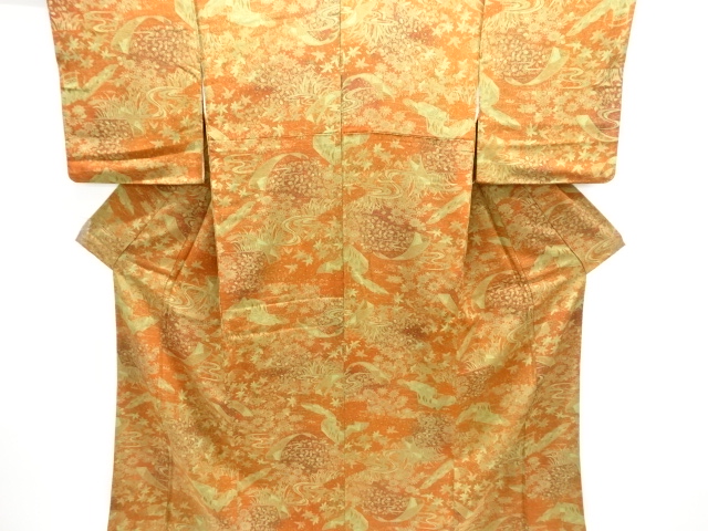 橋に垣根・草花模様暈し小紋着物